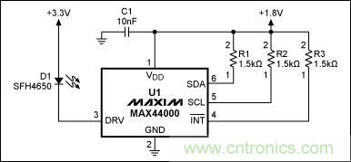 圖1：MAX44000典型電路，包括LED