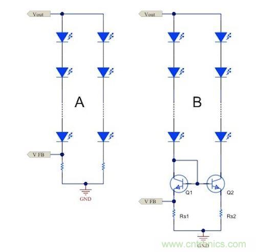 電流鏡 (B) 可針對簡單電阻器電流調節 (A) 提供各種優勢。