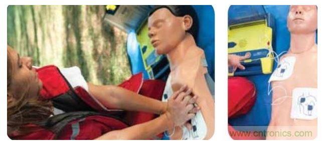 胸部按壓CPR(左圖)迫使血液循環(huán)，為大腦及其它生命器官供血，直到AED重啟心臟(右圖)。