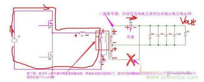 上管開通，注意諧振電感、勵磁電感、諧振電容的正負(fù)