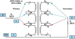   材料  ? ADALM2000主動學習模塊 ? 無焊試驗板和跳線套件 ? 一臺HPH1-1400L 6繞組變壓器 ? 一臺HPH1-0190L 6繞組變壓器 ? 兩個100 Ω電阻  說明  在無焊試驗板上構建圖2所示的電路。需要使用此設置來測量初級/次級匝數比為1:1的三種不同配置下，兩個變壓器型號各自的頻率響應。兩個紅色箭頭表示在初級和次級使用同一個線圈的配置中連接源電阻和負載電阻的位置。藍色箭頭對應的是在初級和次級使用兩個串聯線圈的配置。綠色箭頭對應的是在初級和次級使用三個串聯線圈的配置。